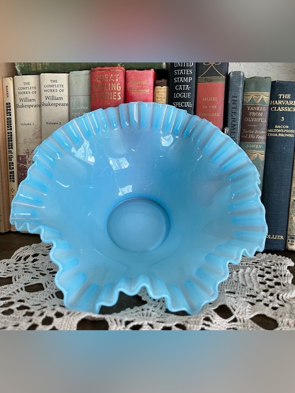 Vintage Fenton Blue Opalescent Ruffled Bowl – 8.50” Wide